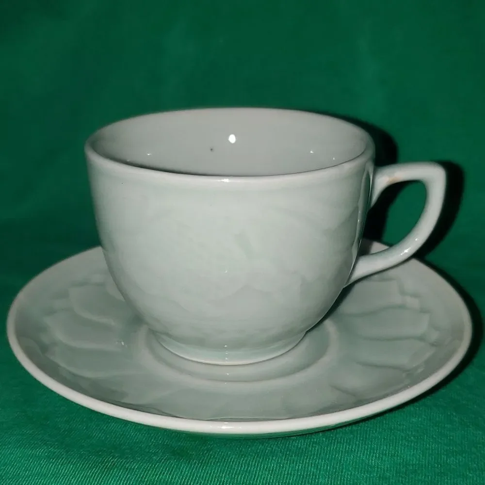 Vintage Longquan Celadon Koi Carp Fish Tea Cup Saucer 6 0z.